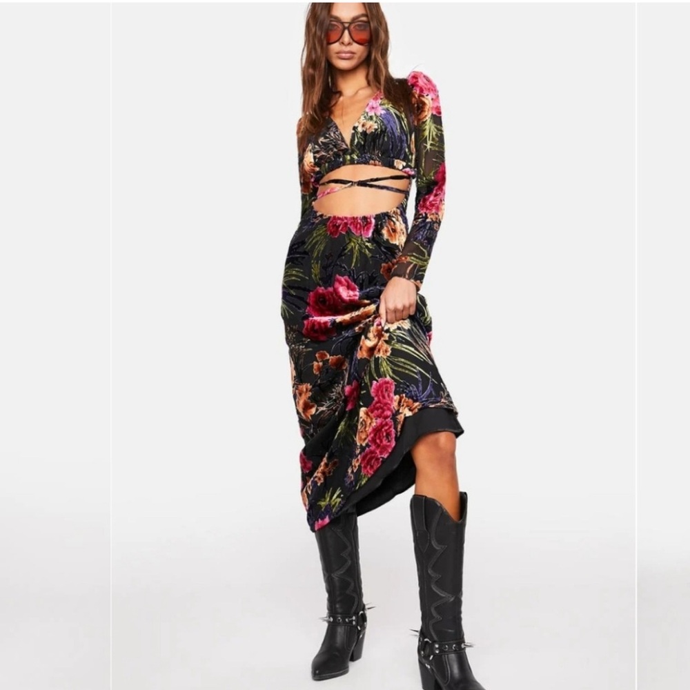 Floral Cut Out Velvet Midi Dress with Crisscross Tie WhatWeWore Dollskill